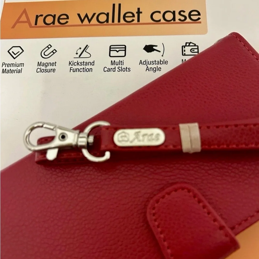 Arae Red Wallet Case with Strap for iPhone 16